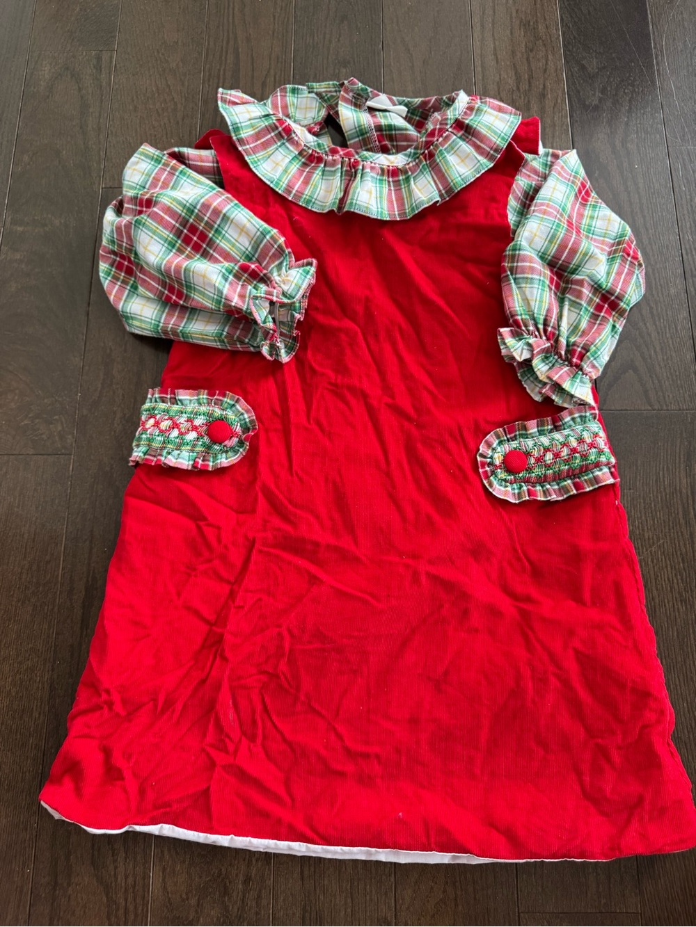 Stitchy Fish Red Corduroy Girls Dress with plaid shirt